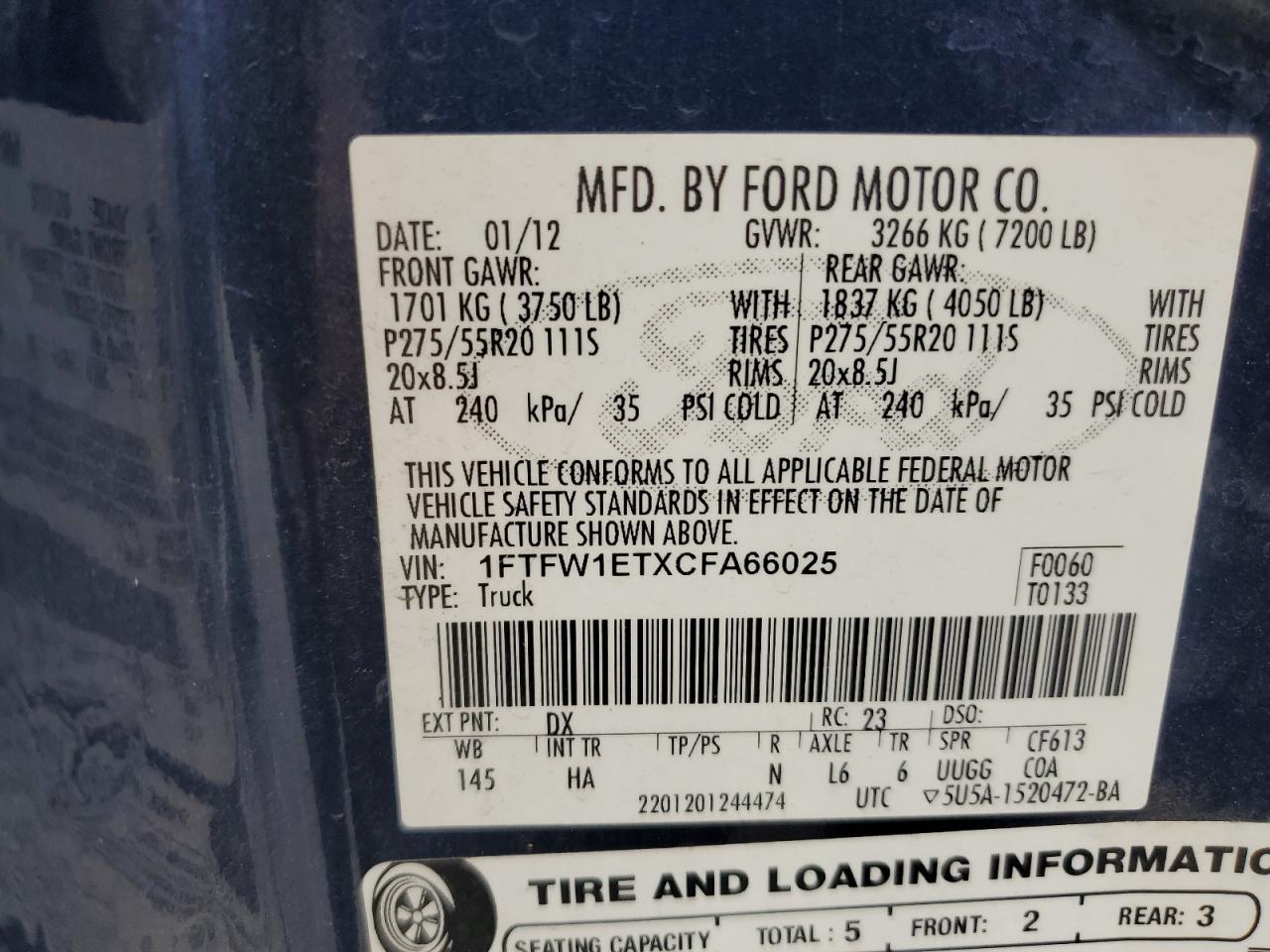 2012 Ford F150 Supercrew VIN: 1FTFW1ETXCFA66025 Lot: 85930875