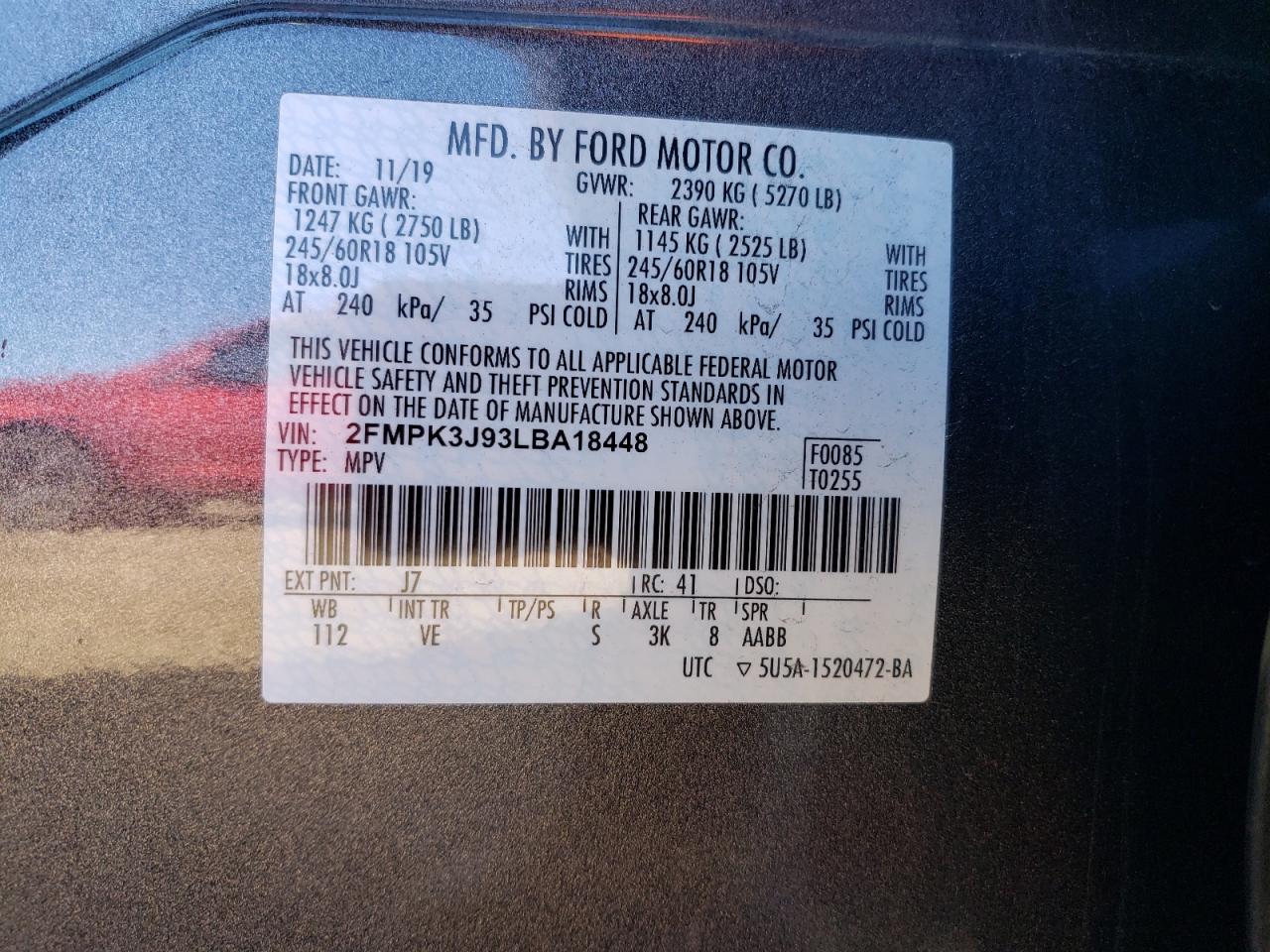 2020 Ford Edge Sel VIN: 2FMPK3J93LBA18448 Lot: 82717605