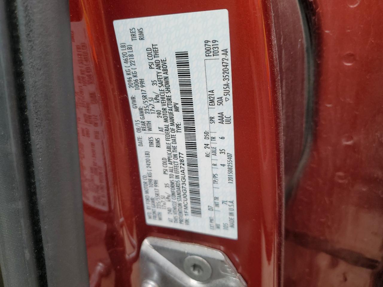 2016 Ford Escape Se VIN: 1FMCU0G73GUA72877 Lot: 86297745