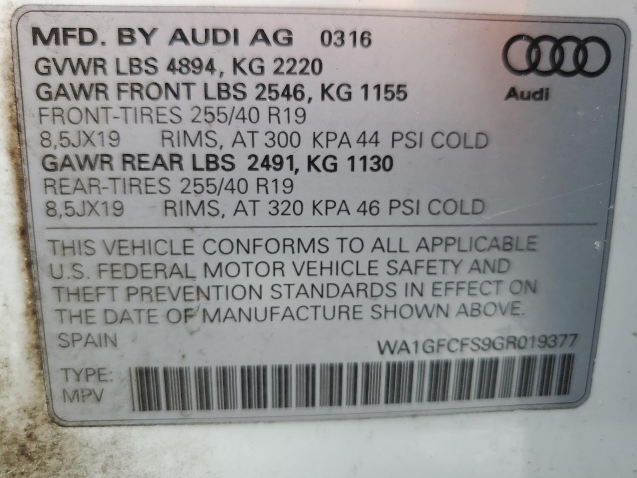 2016 Audi Q3 Prestige VIN: WA1GFCFS9GR019377 Lot: 84237985