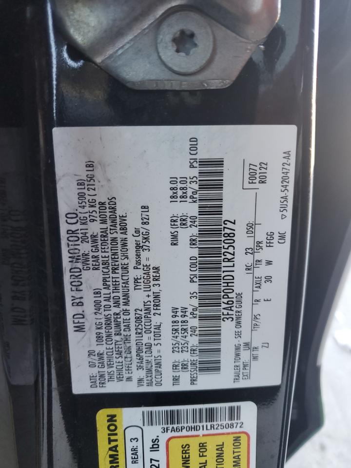 2020 Ford Fusion Se VIN: 3FA6P0HD1LR250872 Lot: 86671515