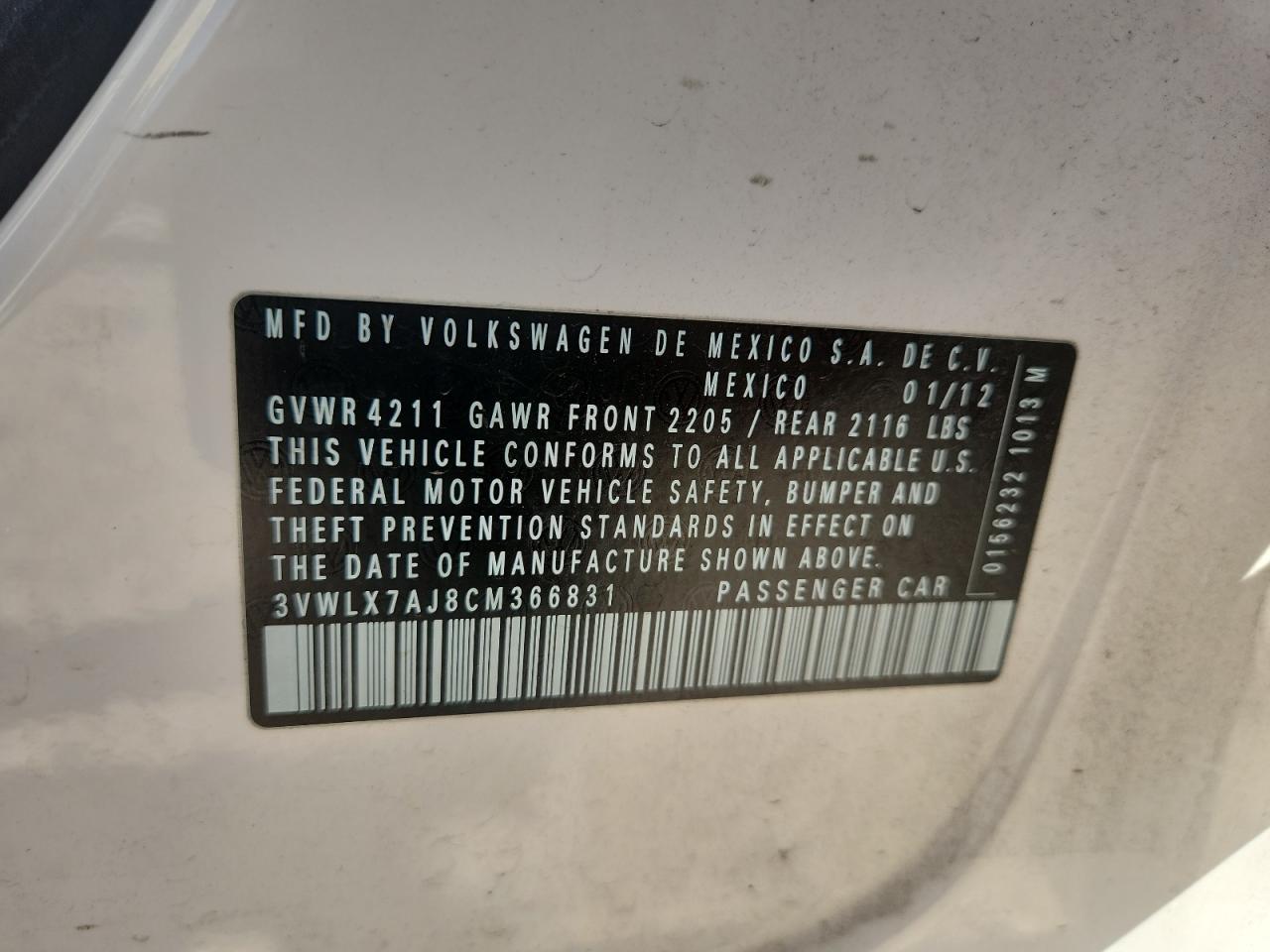 2012 Volkswagen Jetta Sel VIN: 3VWLX7AJ8CM366831 Lot: 87421675