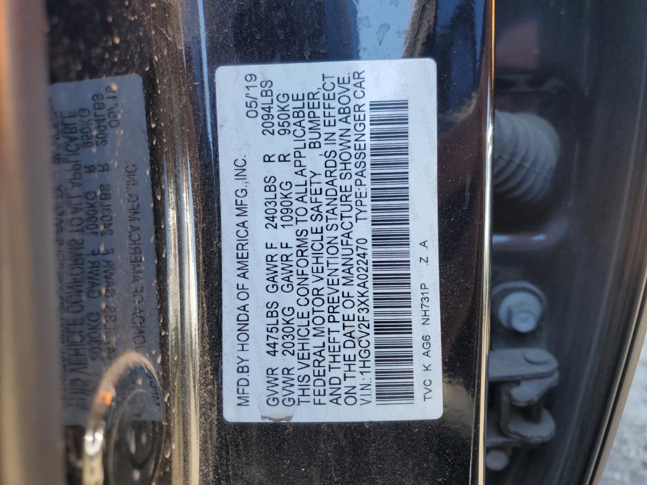 2019 Honda Accord Sport VIN: 1HGCV2F3XKA022470 Lot: 85716905