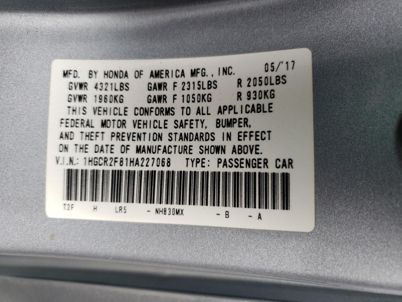 2017 Honda Accord Exl VIN: 1HGCR2F81HA227068 Lot: 82403125