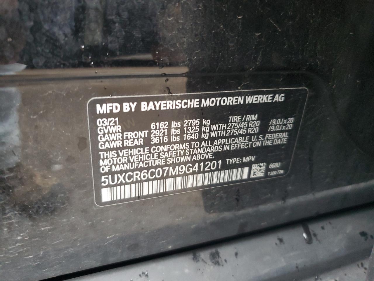 2021 BMW X5 xDrive40I VIN: 5UXCR6C07M9G41201 Lot: 87221435