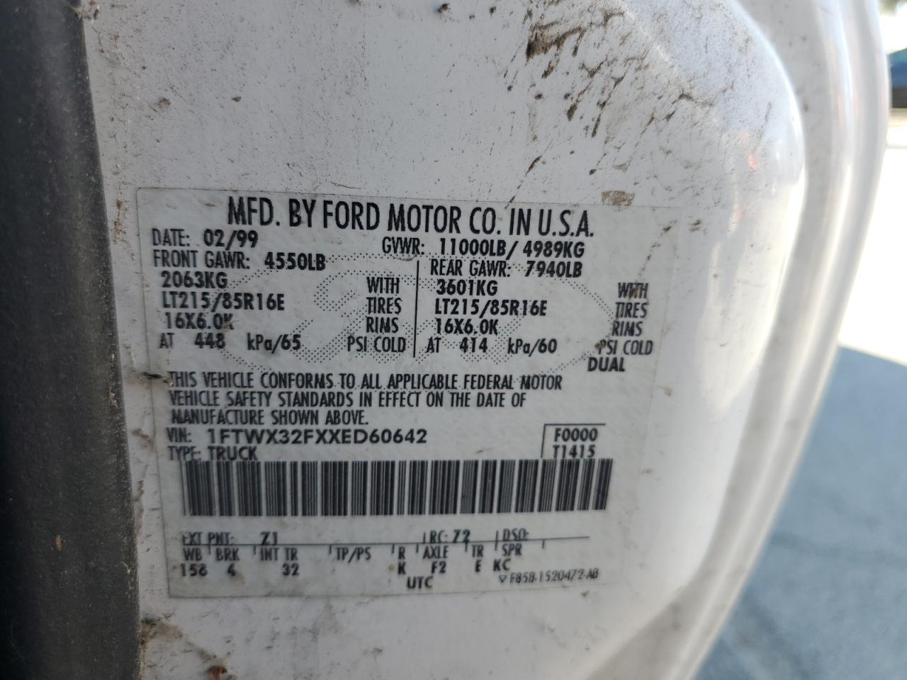 1999 Ford F350 Super Duty VIN: 1FTWX32FXXED60642 Lot: 85649745