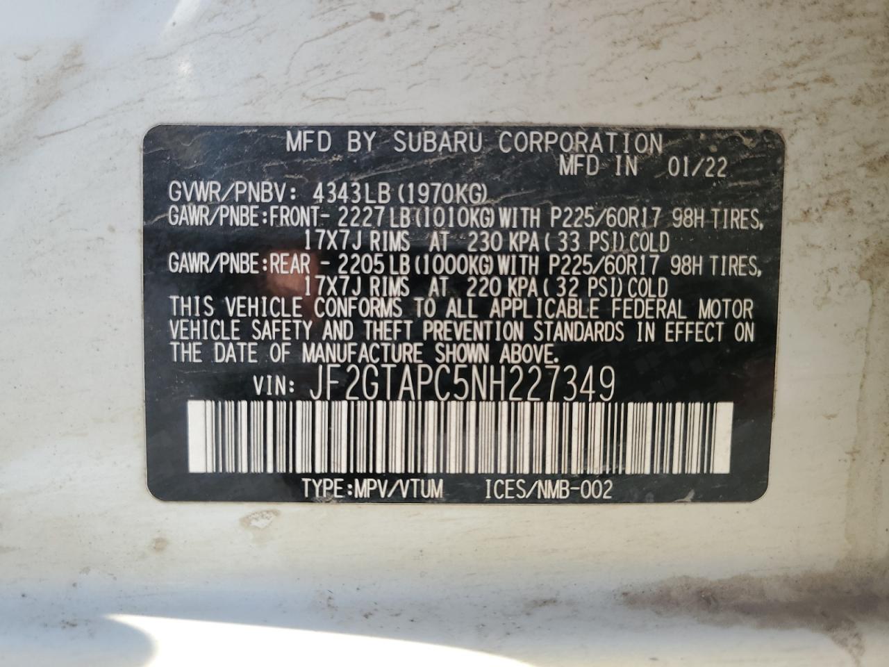 2022 Subaru Crosstrek Premium VIN: JF2GTAPC5NH227349 Lot: 85492345