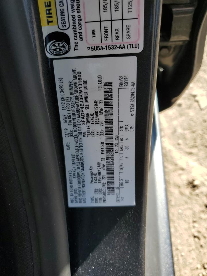 2019 Ford Fiesta Se VIN: 3FADP4EJ3KM131600 Lot: 85931125