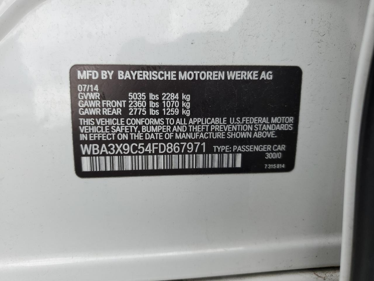 2015 BMW 335 Xigt VIN: WBA3X9C54FD867971 Lot: 85586085