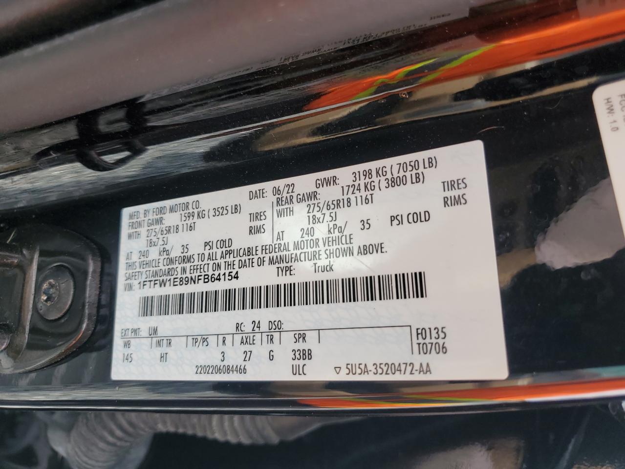 2022 Ford F150 Supercrew VIN: 1FTFW1E89NFB64154 Lot: 87192795