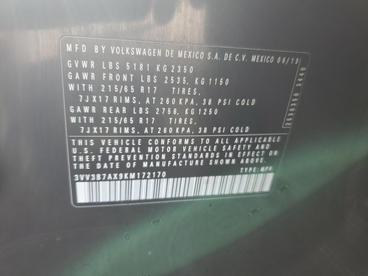 2019 Volkswagen Tiguan Se VIN: 3VV3B7AX9KM172170 Lot: 90680355