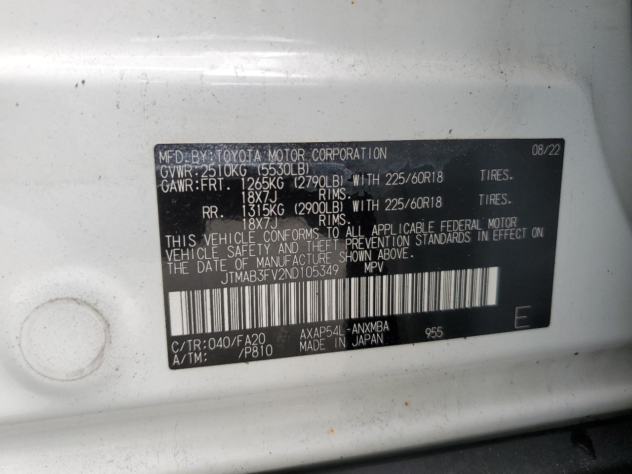 2022 Toyota Rav4 Prime Se VIN: JTMAB3FV2ND105349 Lot: 85666785