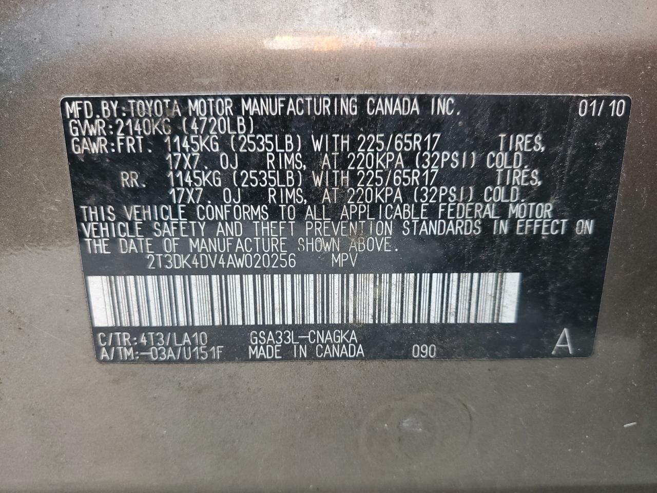 2010 Toyota Rav4 Limited VIN: 2T3DK4DV4AW020256 Lot: 81486555