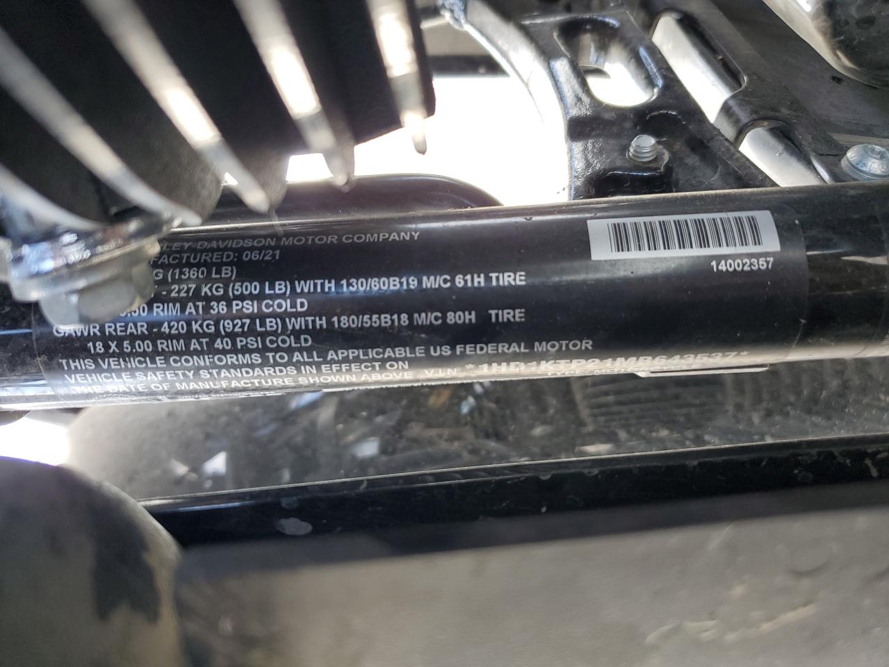 2021 Harley-Davidson Fltrxs VIN: 1HD1KTP21MB643537 Lot: 85337805