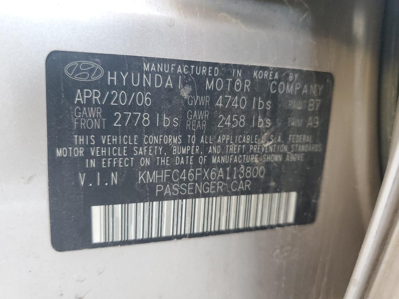 2006 Hyundai Azera Se VIN: KMHFC46FX6A113800 Lot: 61736005