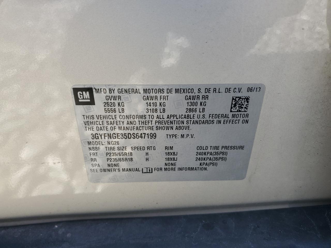 2013 Cadillac Srx Luxury Collection VIN: 3GYFNGE35DS647199 Lot: 87094845