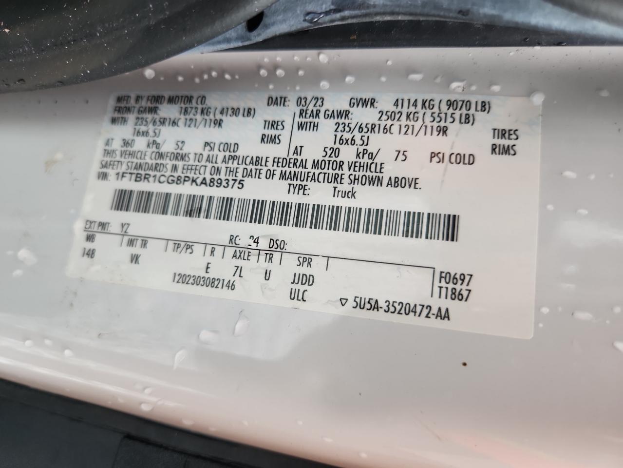 2023 Ford Transit Cargo Van T- VIN: 1FTBR1CG8PKA89375 Lot: 85492965