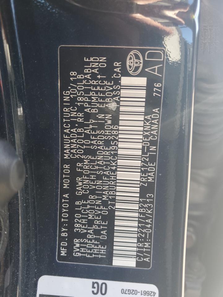 2019 Toyota Corolla L VIN: 2T1BURHE4KC195286 Lot: 84863945