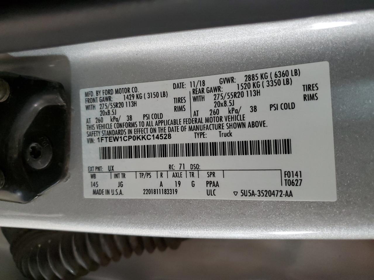 2019 Ford F150 Supercrew VIN: 1FTEW1CP0KKC14528 Lot: 85589595