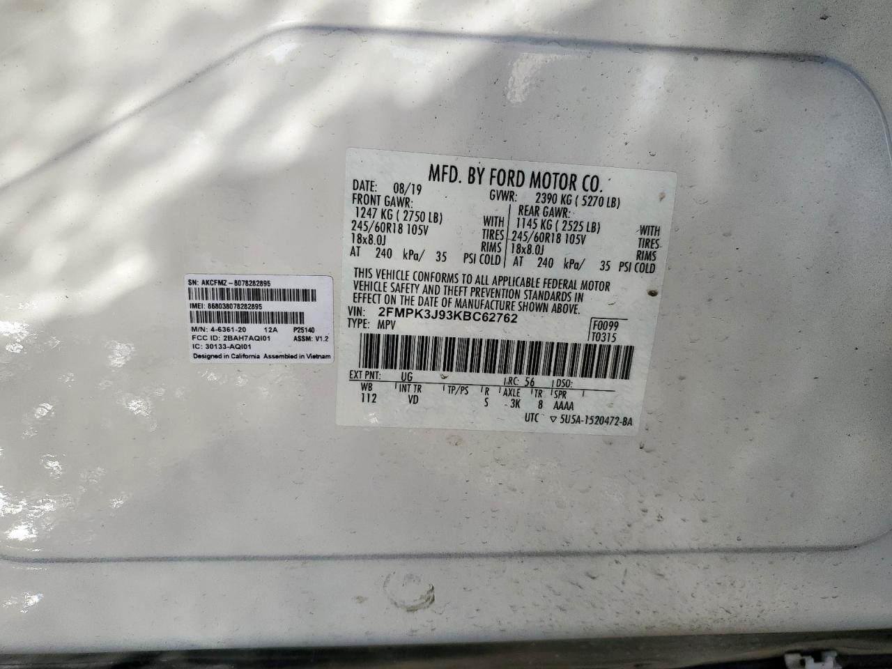 2019 Ford Edge Sel VIN: 2FMPK3J93KBC62762 Lot: 85720965