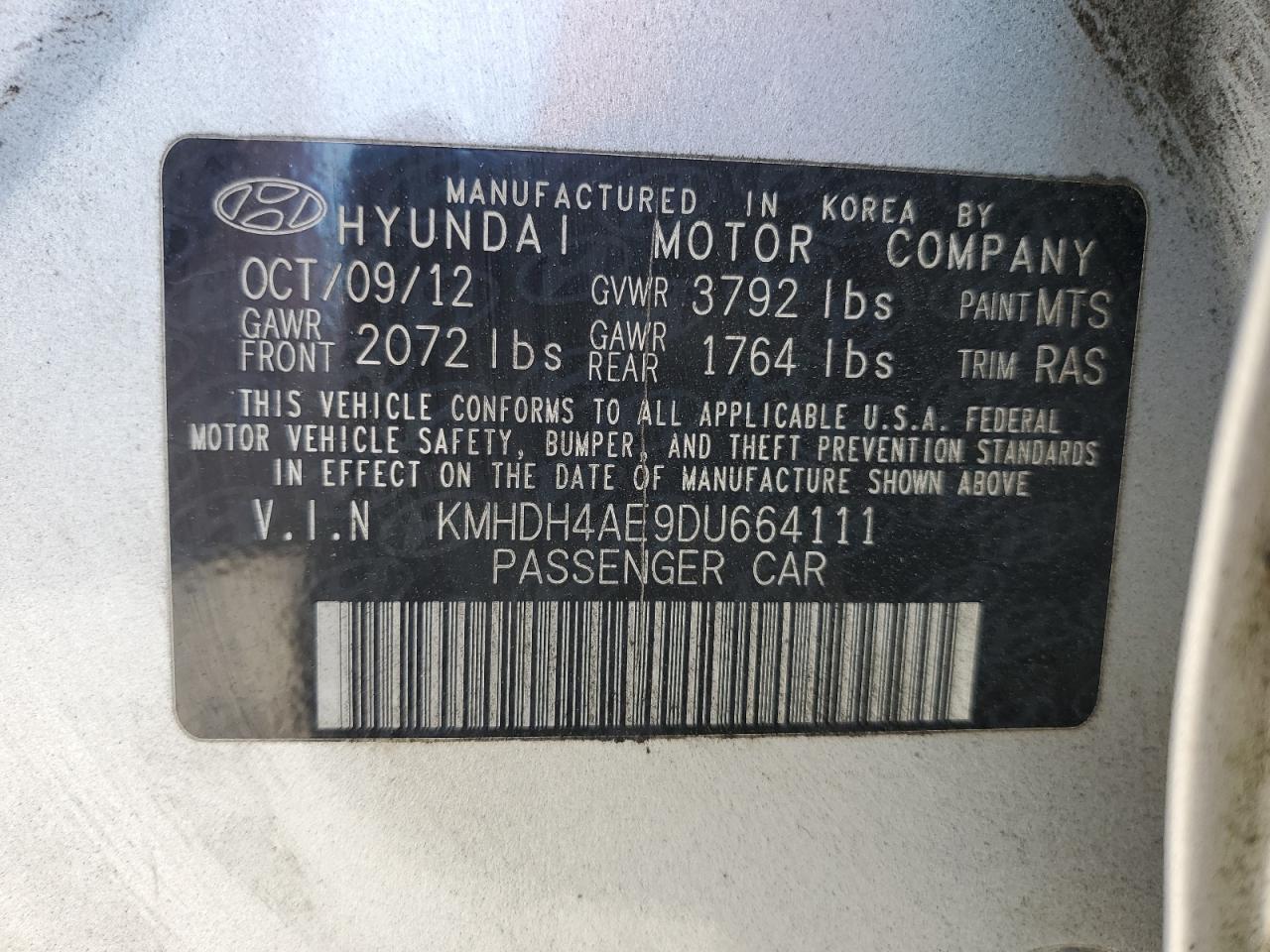 2013 Hyundai Elantra Gls VIN: KMHDH4AE9DU664111 Lot: 85324685