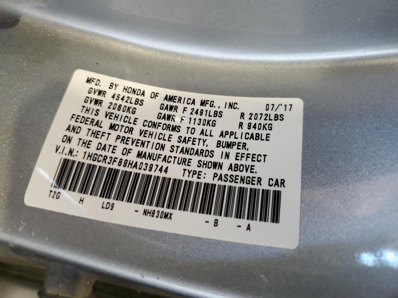 2017 Honda Accord Exl VIN: 1HGCR3F89HA039744 Lot: 86098955