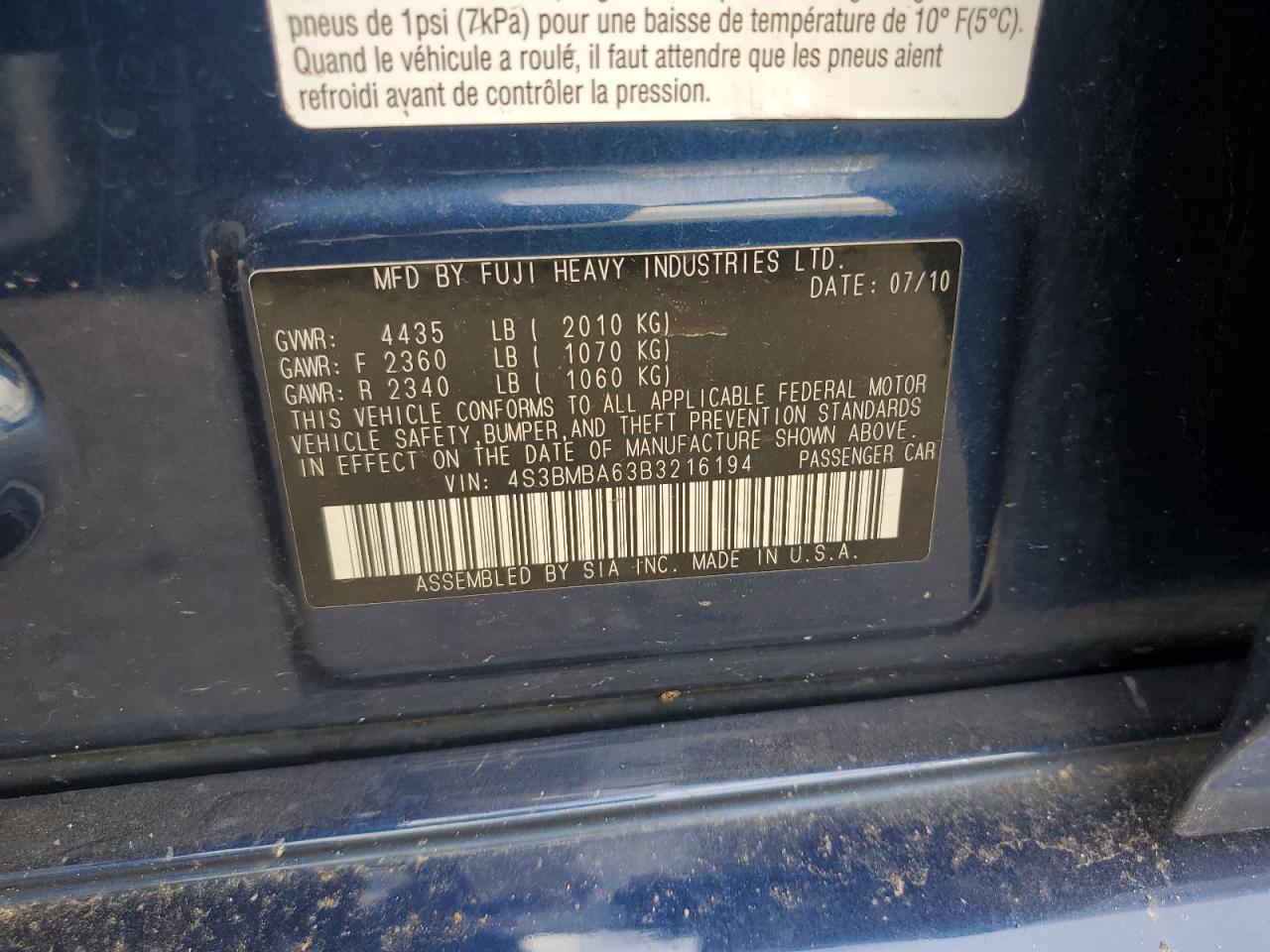 2011 Subaru Legacy 2.5I VIN: 4S3BMBA63B3216194 Lot: 86275085