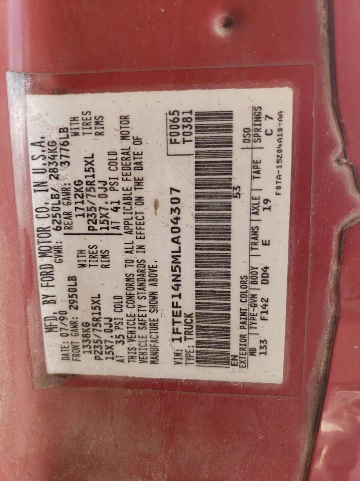 1991 Ford F150 VIN: 1FTEF14N5MLA04307 Lot: 82304715