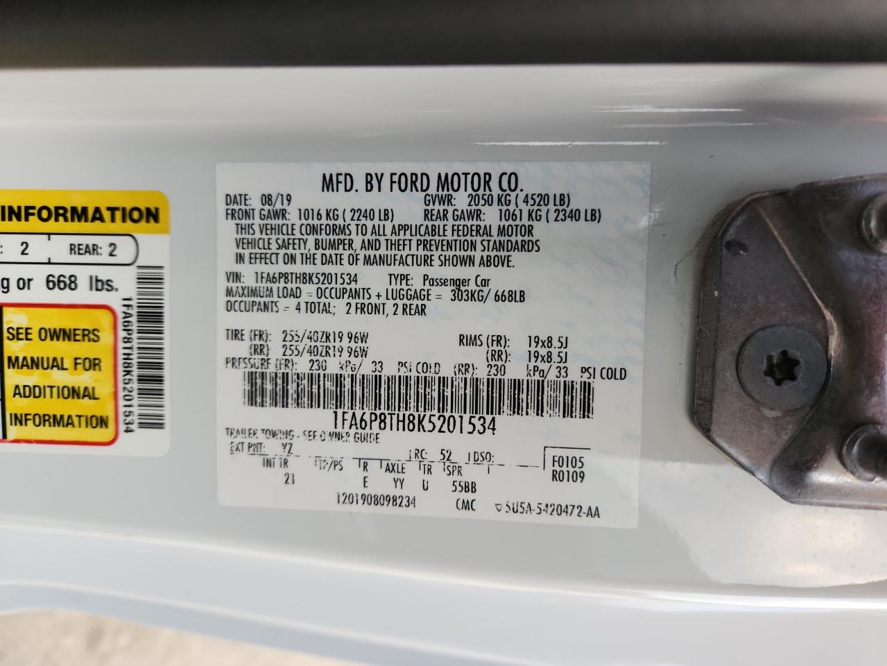 2019 Ford Mustang VIN: 1FA6P8TH8K5201534 Lot: 89562145