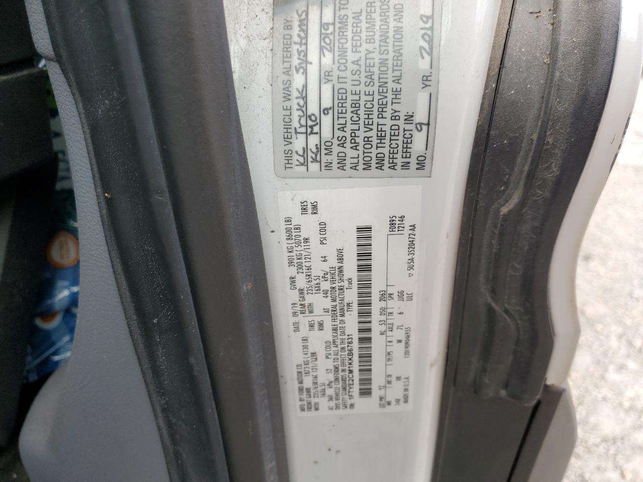 2019 Ford Transit T-150 VIN: 1FTYE2CM1KKB67831 Lot: 85543235