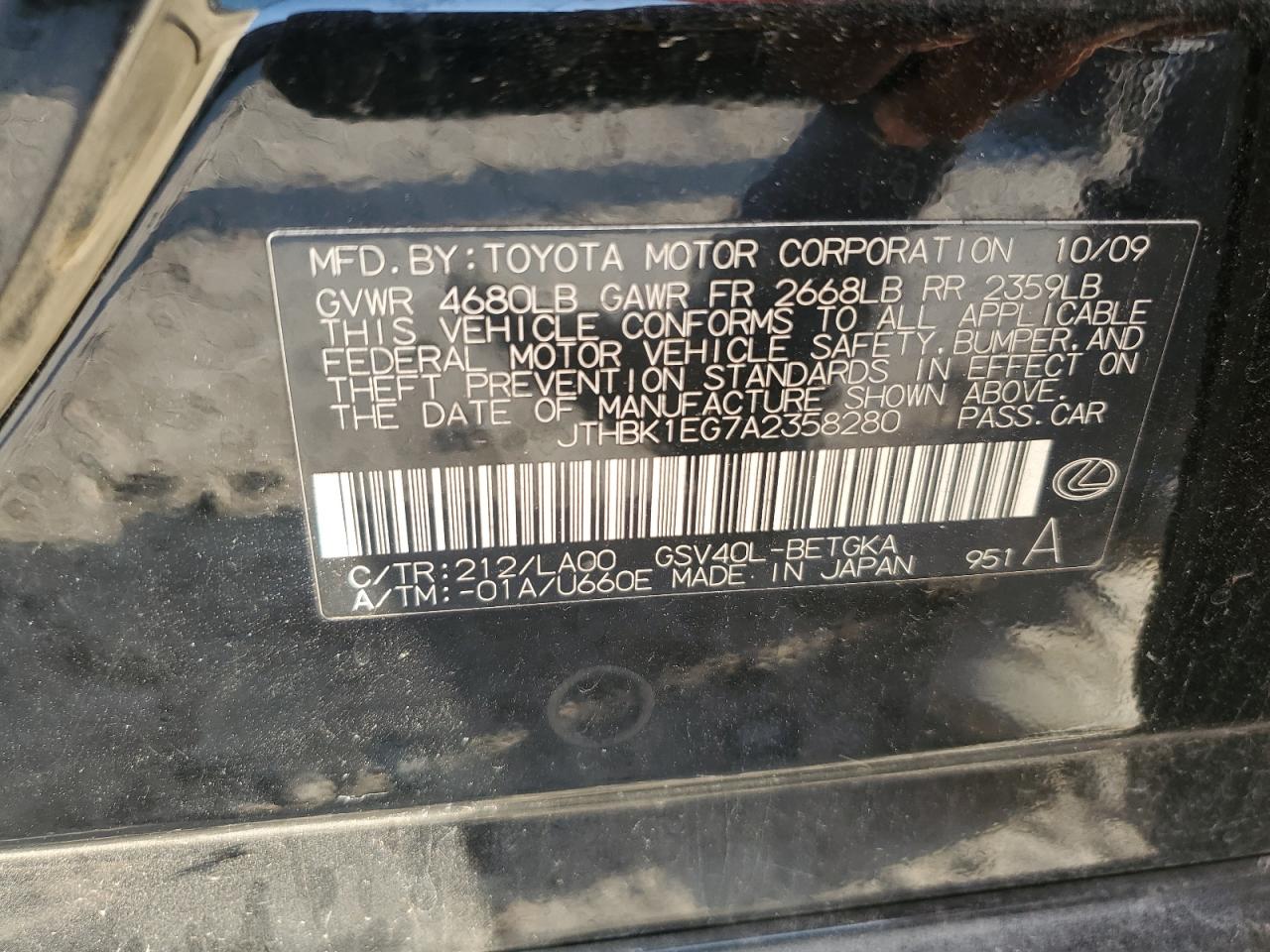 2010 Lexus Es 350 VIN: JTHBK1EG7A2358280 Lot: 87425835