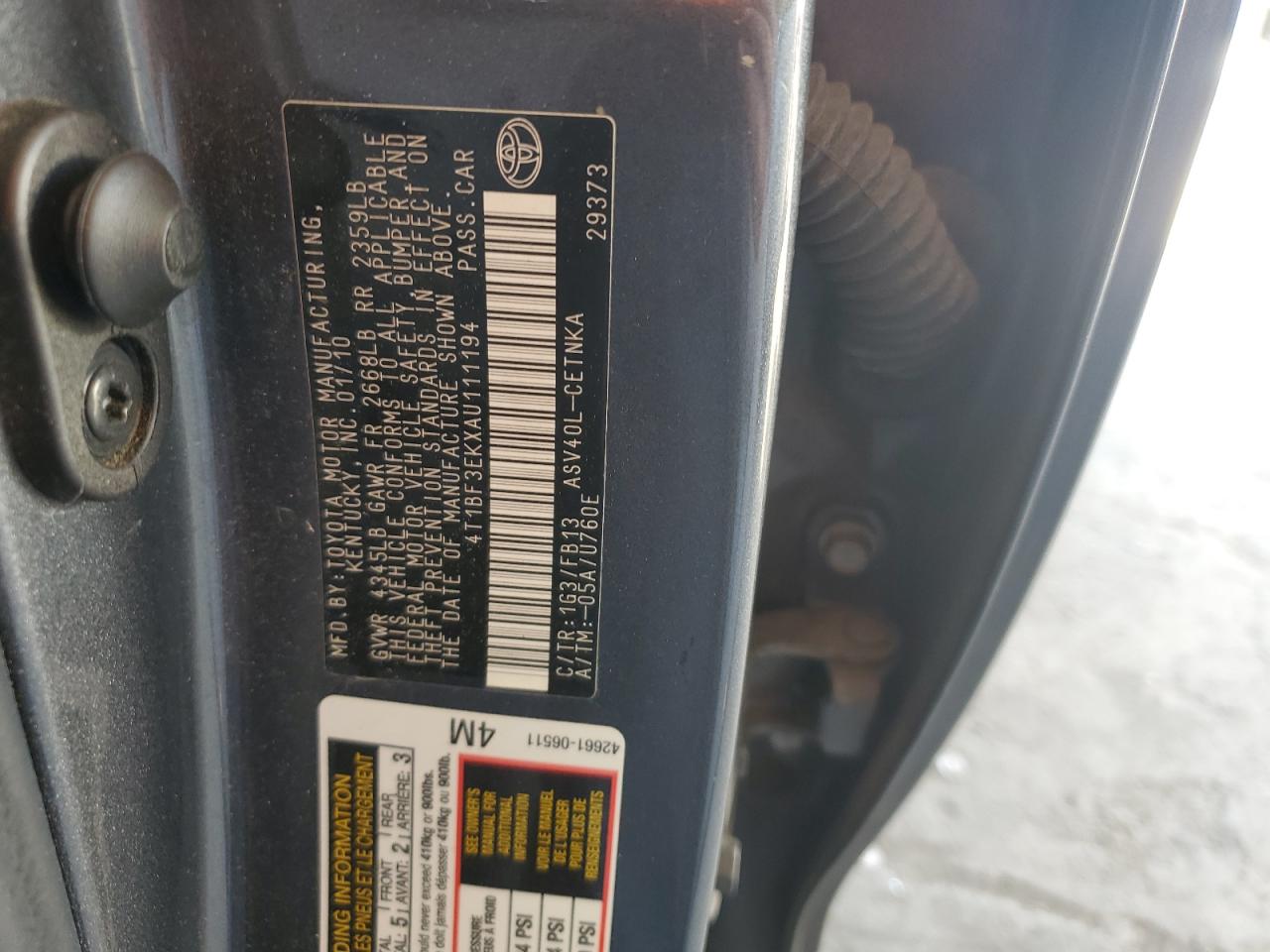 2010 Toyota Camry Base VIN: 4T1BF3EKXAU111194 Lot: 84972235