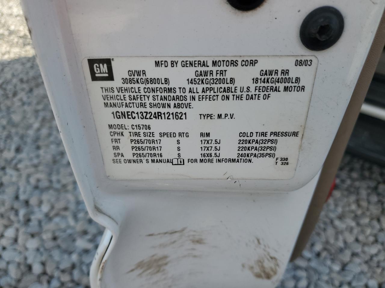 2004 Chevrolet Tahoe C1500 VIN: 1GNEC13Z24R121621 Lot: 82618205