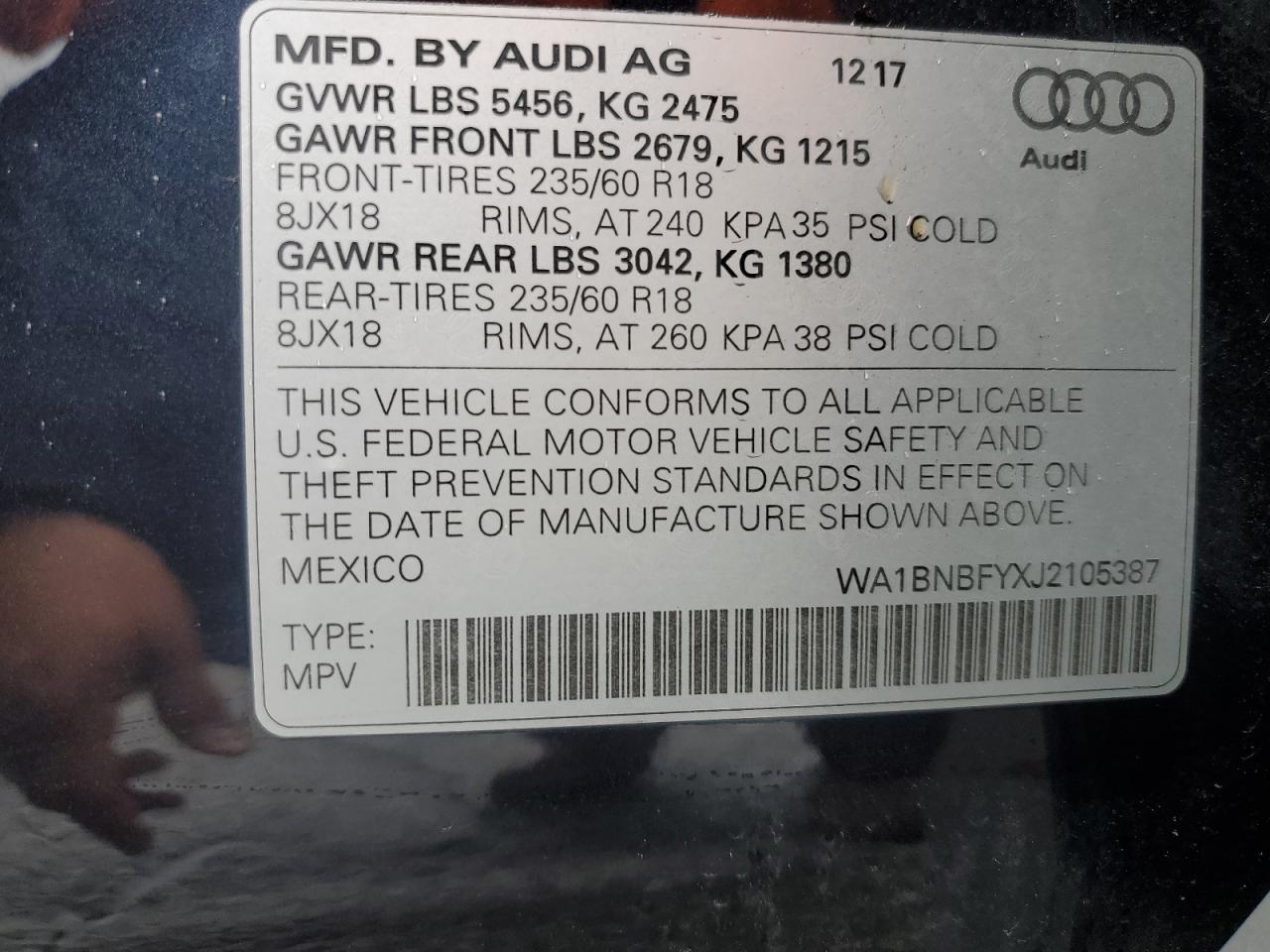 2018 Audi Q5 Premium Plus VIN: WA1BNBFYXJ2105387 Lot: 85190865