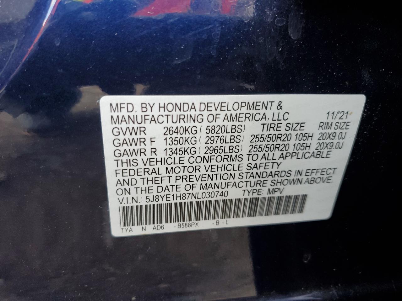 2022 Acura Mdx Advance VIN: 5J8YE1H87NL030740 Lot: 87310505