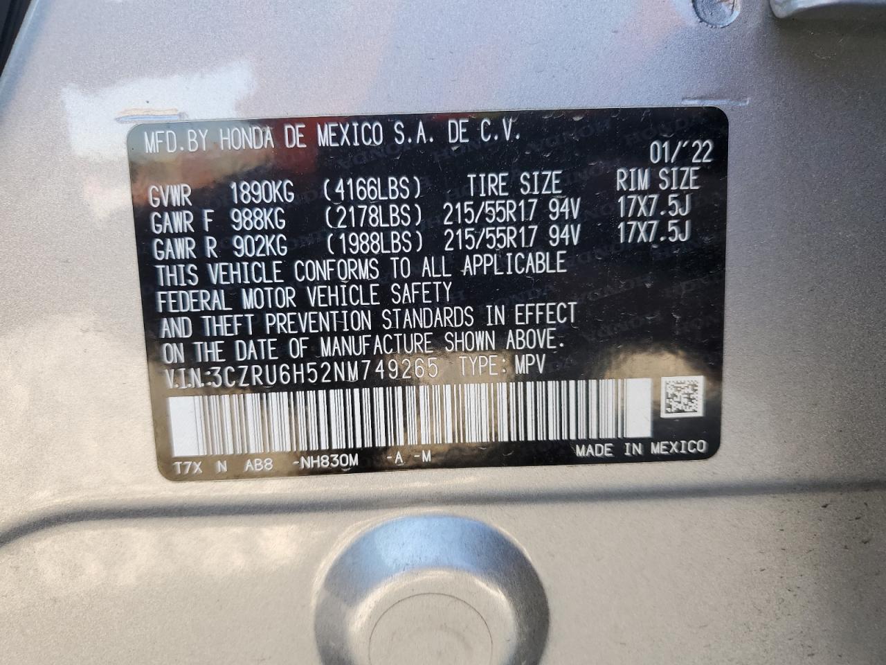 2022 Honda Hr-V Ex VIN: 3CZRU6H52NM749265 Lot: 85179975