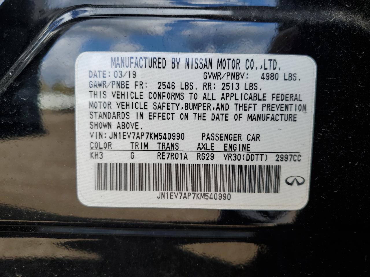 2019 Infiniti Q50 Luxe VIN: JN1EV7AP7KM540990 Lot: 85744385