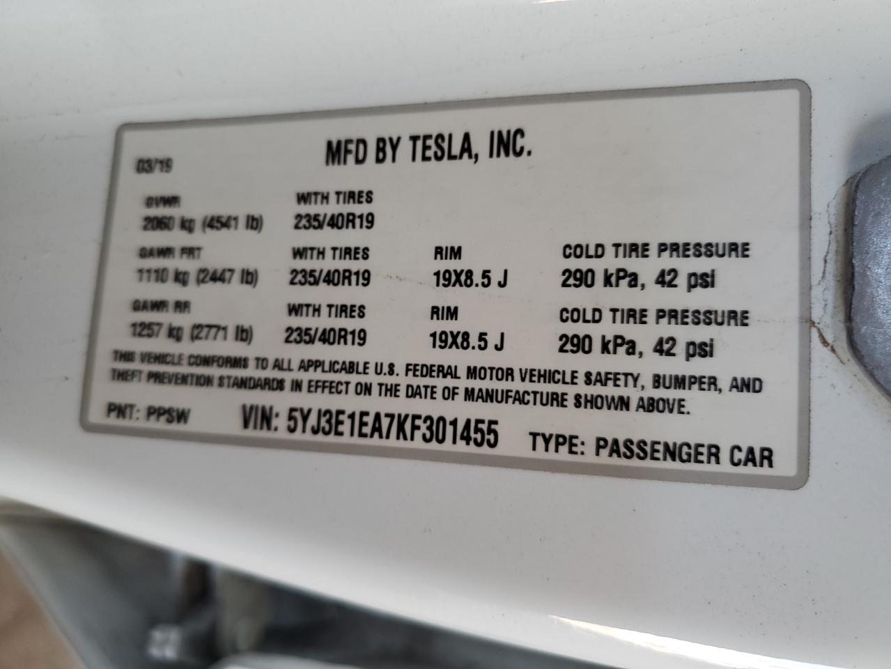 2019 Tesla Model 3 VIN: 5YJ3E1EA7KF301455 Lot: 82198995