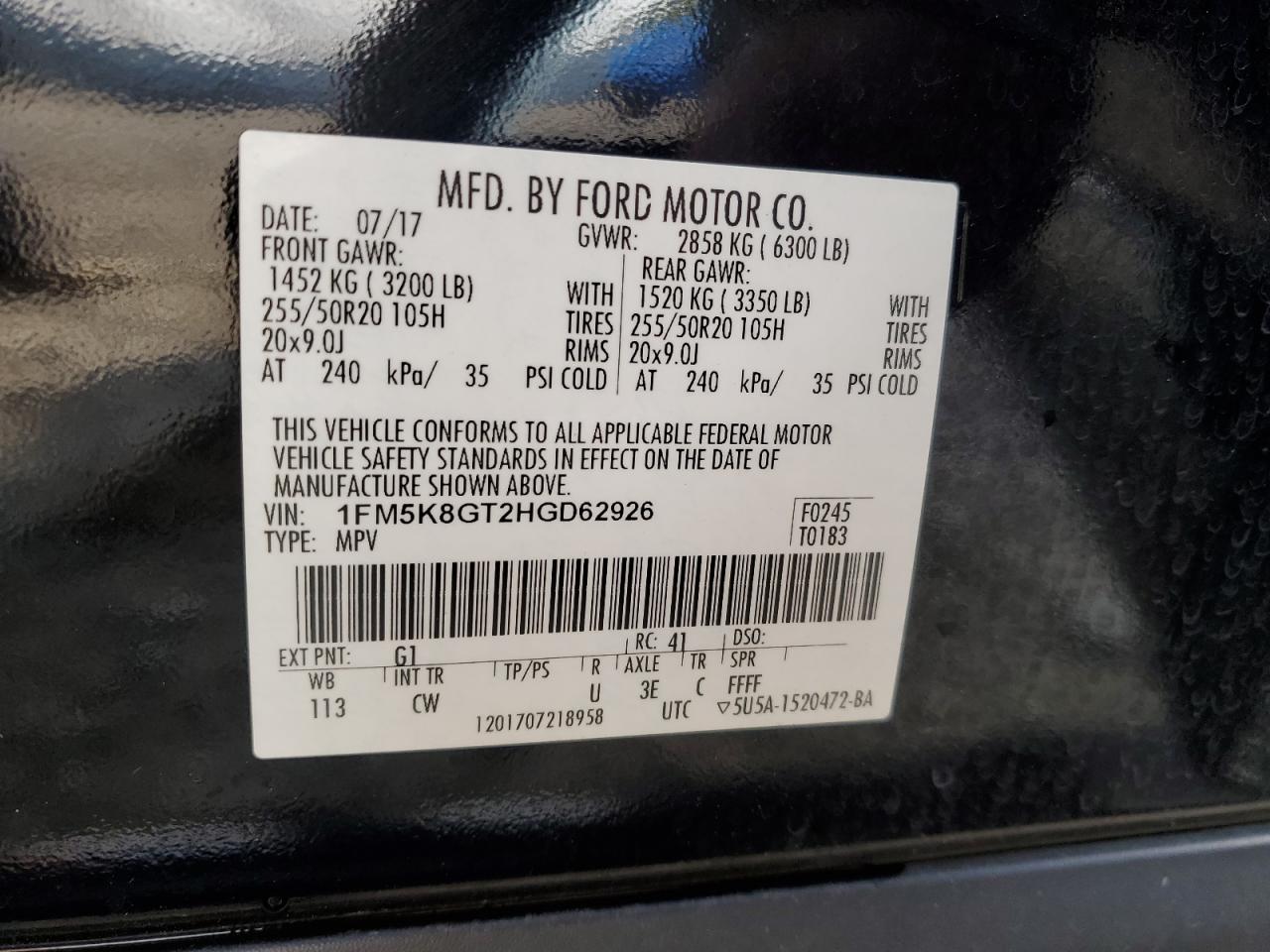 2017 Ford Explorer Sport VIN: 1FM5K8GT2HGD62926 Lot: 90373335