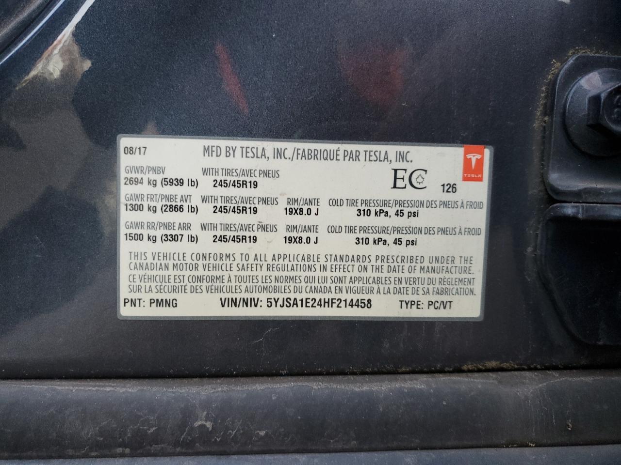 2017 Tesla Model S VIN: 5YJSA1E24HF214458 Lot: 89883625