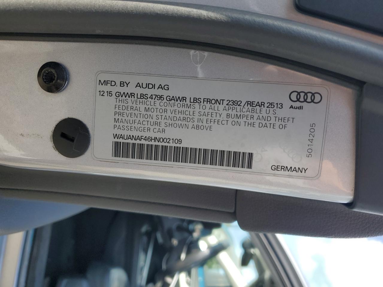 2017 Audi A4 Premium VIN: WAUANAF46HN002109 Lot: 84941155