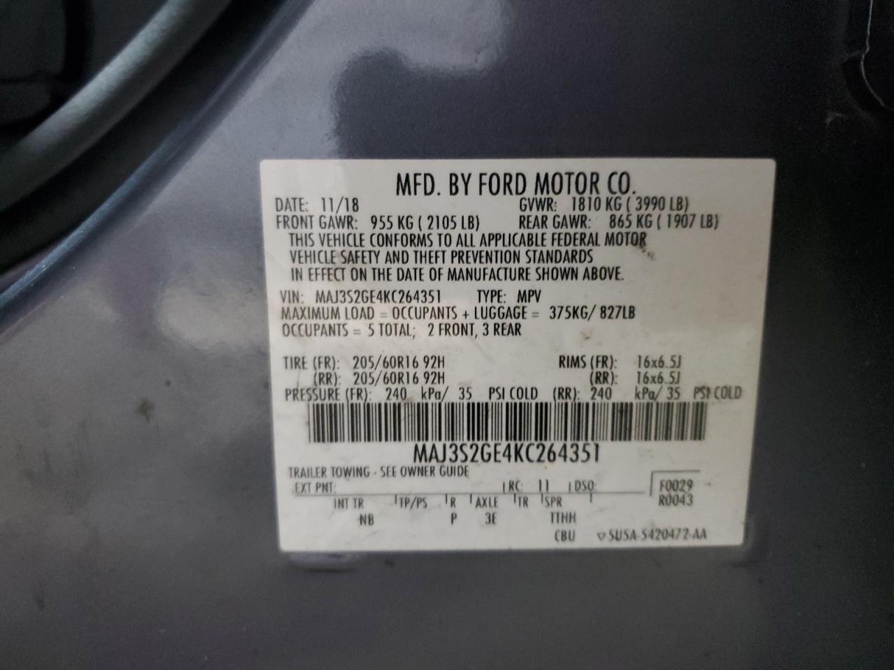 2019 Ford Ecosport Se VIN: MAJ3S2GE4KC264351 Lot: 85923055