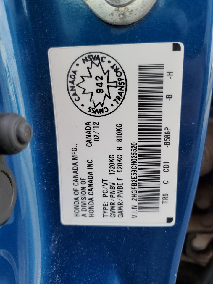 2012 Honda Civic Lx VIN: 2HGFB2E59CH025520 Lot: 85738585