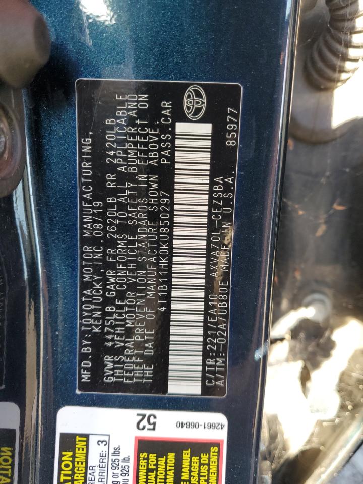 2019 Toyota Camry L VIN: 4T1B11HK0KU850297 Lot: 86070935