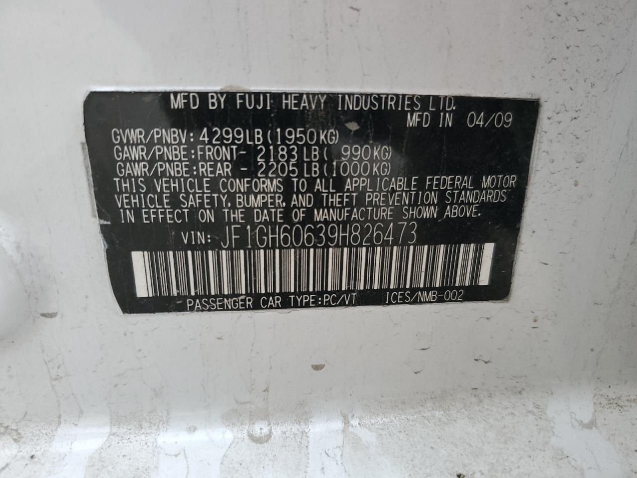 2009 Subaru Impreza 2.5I Premium VIN: JF1GH60639H826473 Lot: 90093505