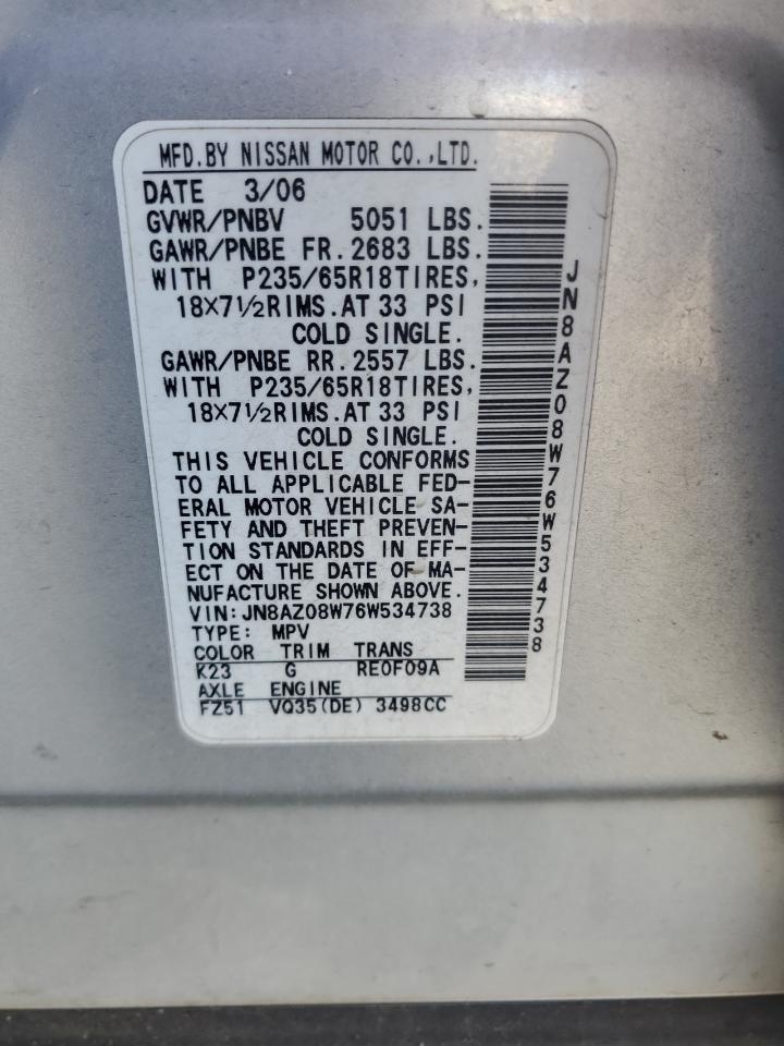 2006 Nissan Murano Sl VIN: JN8AZ08W76W534738 Lot: 89484585