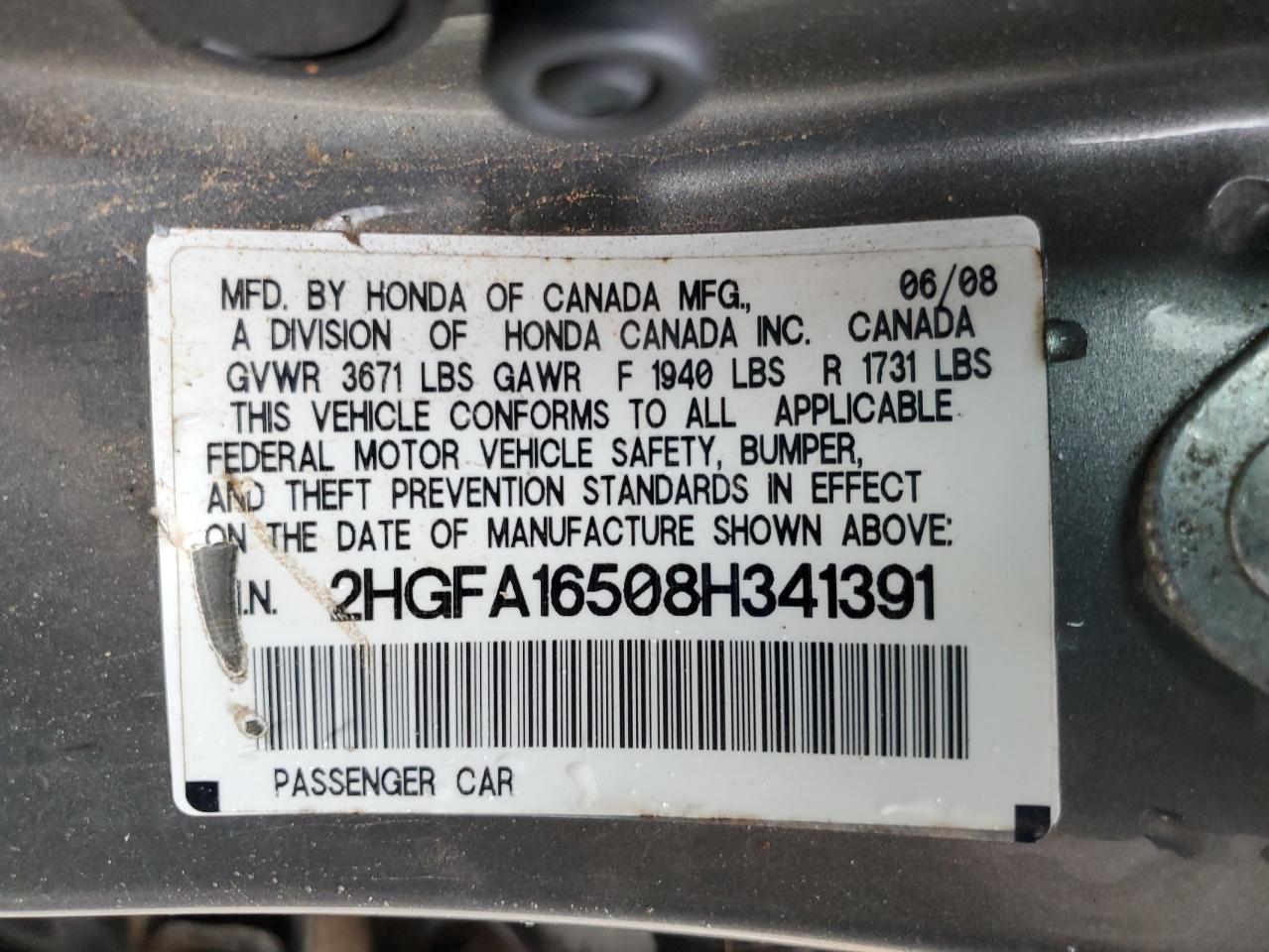 2008 Honda Civic Lx VIN: 2HGFA16508H341391 Lot: 90060775