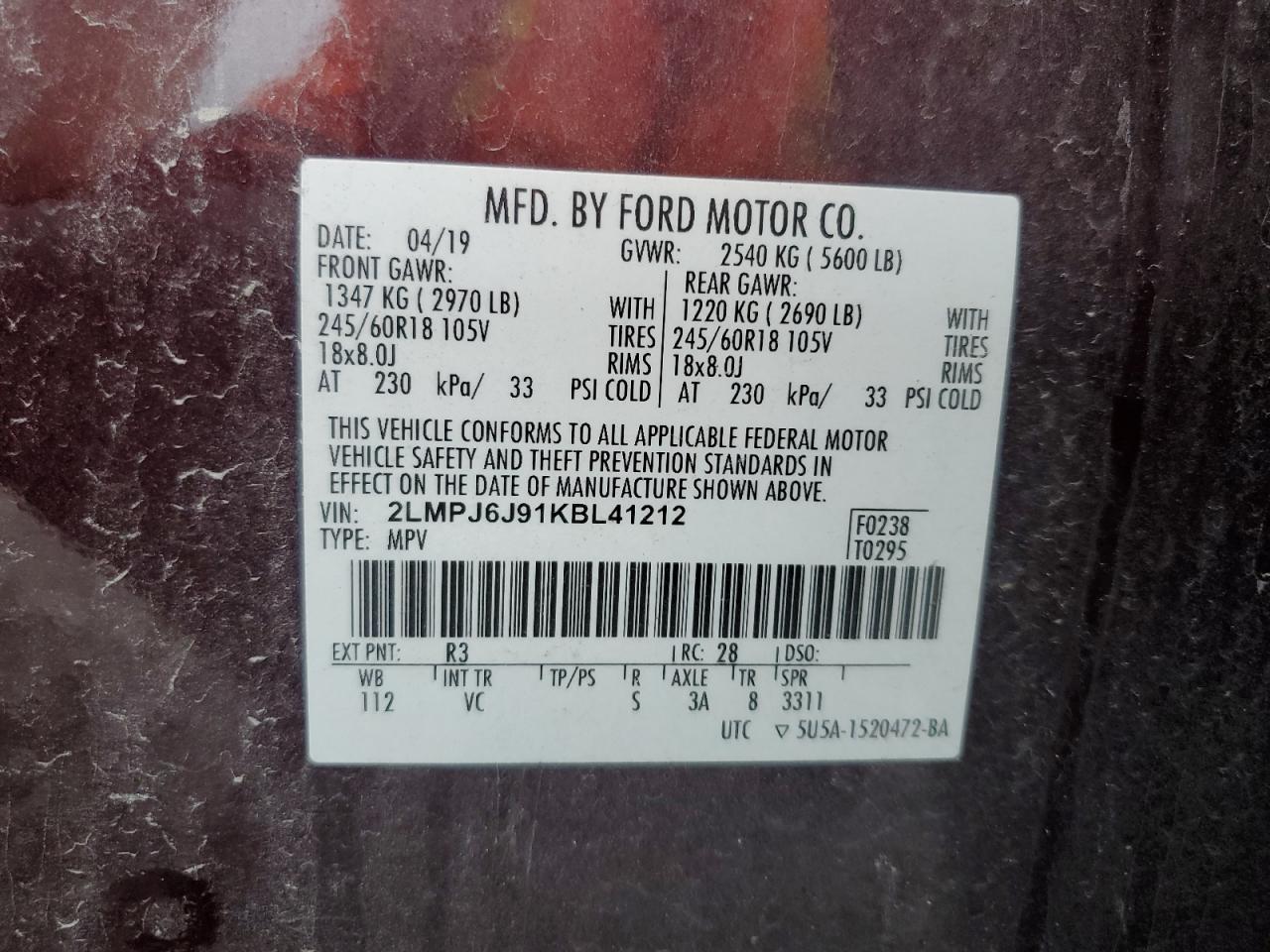 2019 Lincoln Nautilus VIN: 2LMPJ6J91KBL41212 Lot: 90375425