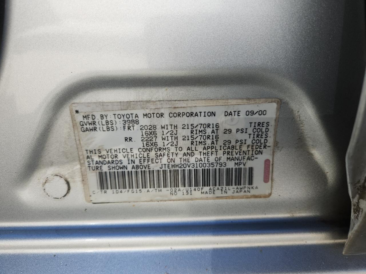 2001 Toyota Rav4 VIN: JTEHH20V310035793 Lot: 86663535