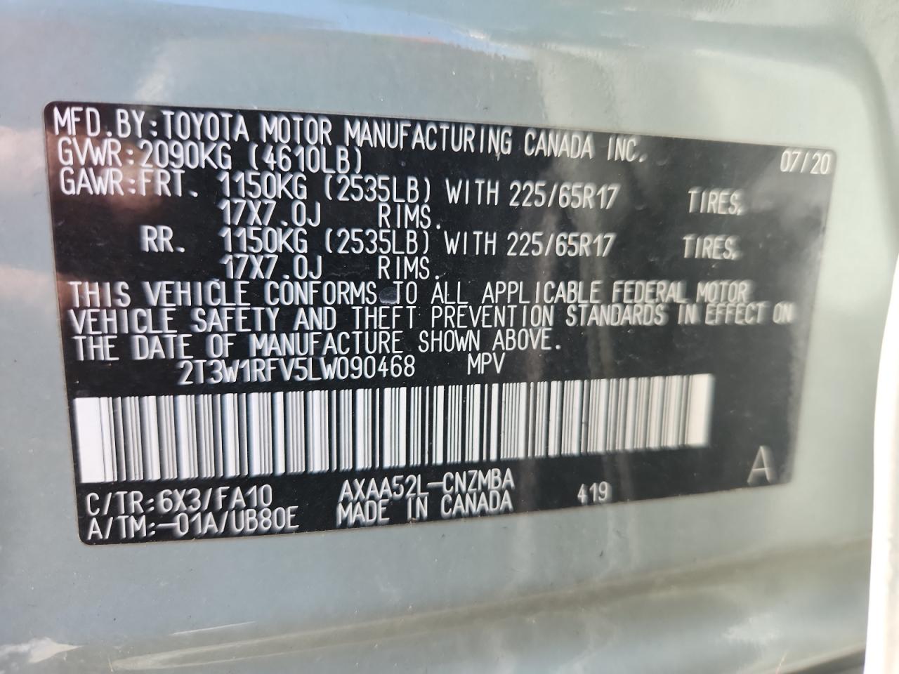 2020 Toyota Rav4 Xle VIN: 2T3W1RFV5LW090468 Lot: 89519565